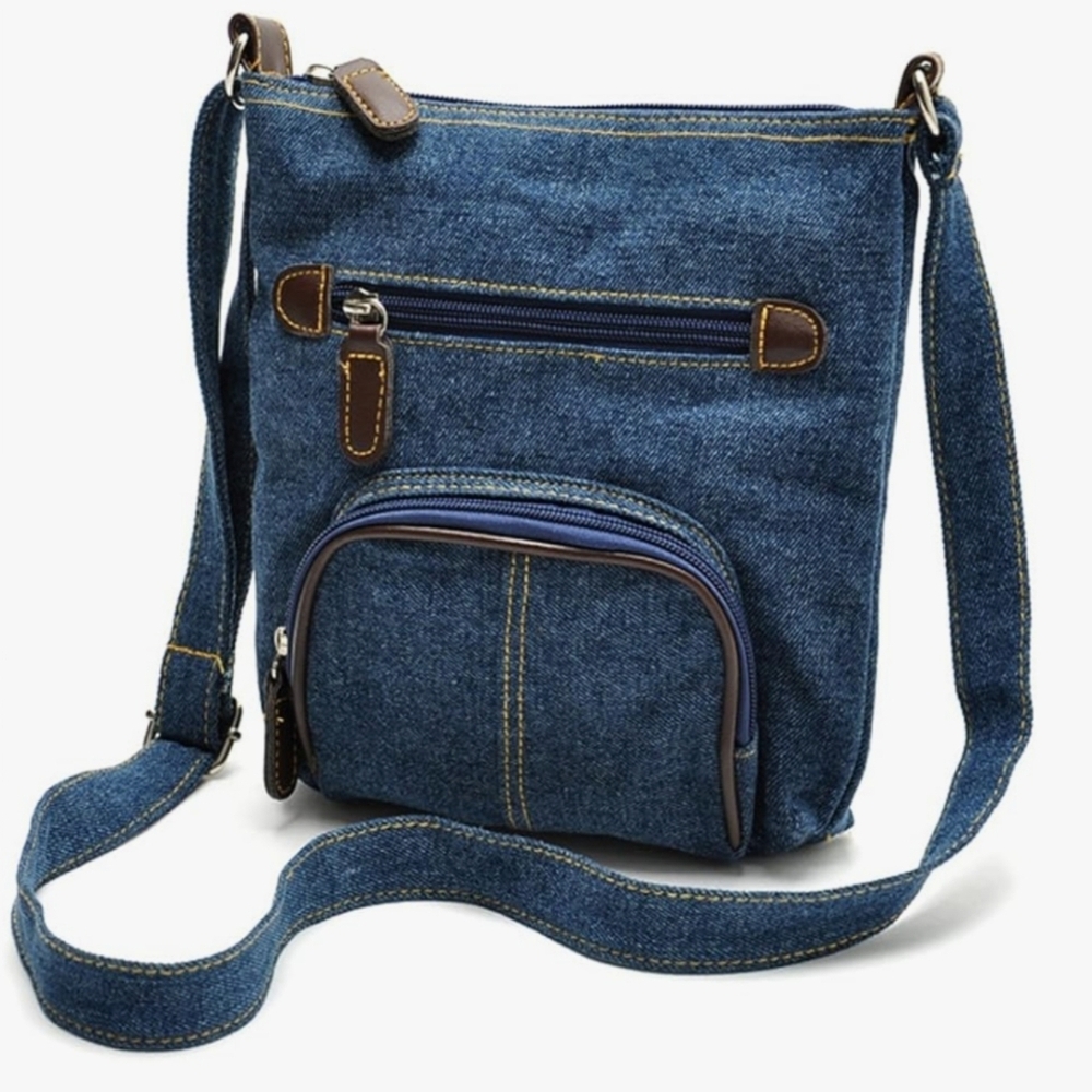 Denim Crossbody Bag with Brown Accents
